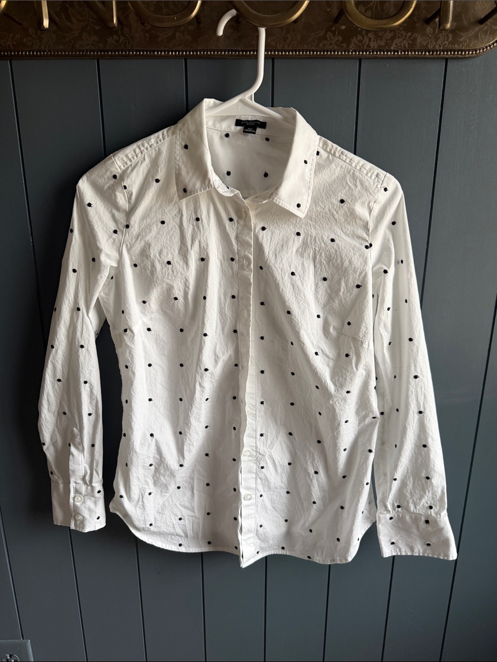 Ann Taylor White Button-Down Shirt with Black Polka Dots